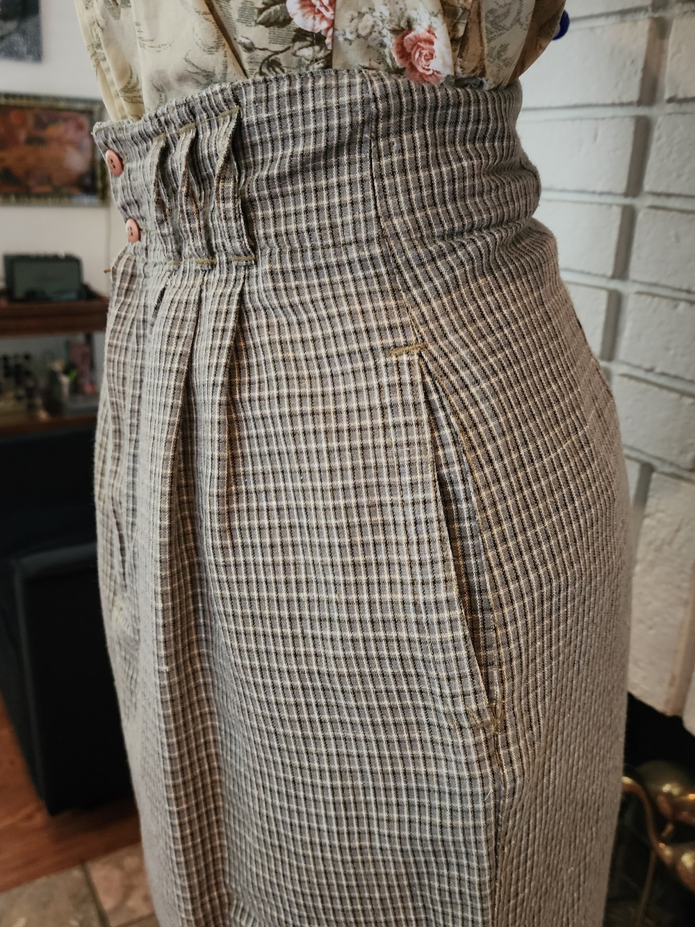 Vintage 80s 90s High Waist Plaid Midi Skirt 27 Waist In-Force Ramie Cotton Pleat